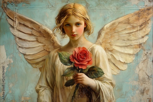 Young angelic figure holding a rose with delicate wings in a serene backgroun...