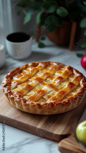 Delicious homemade apple pie on a wooden board surrounded by fresh ingredients