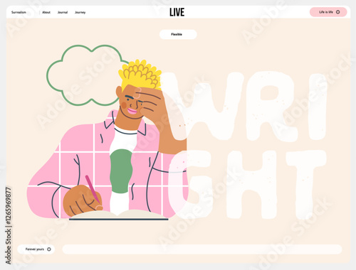 Writing people, modern flat vector concept illustration- sitting man thoughtfully writing on notebook, bubble near head Metaphor for reflection, personal insight, contemplation, creative expression