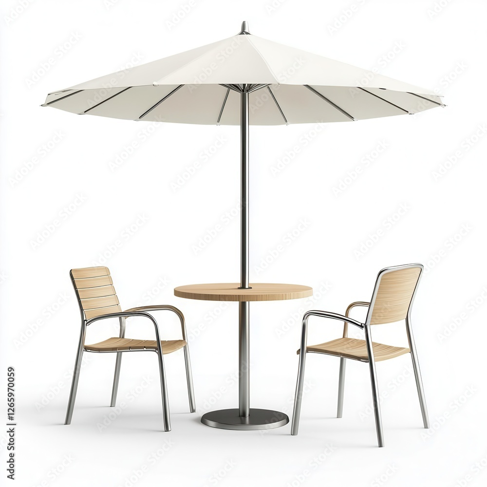 Cafe Table Setup with Chair and Parasol Umbrella Isolated on White Background for Restaurant Branding Concepts Cafe Table Setup with Chair and Parasol Umbrella Isolated on White Background for Restaurant Branding Concepts