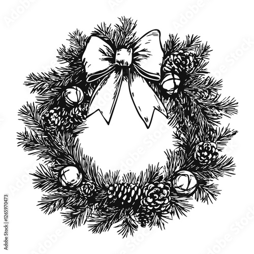 Vintage Ink Christmas Wreath Sketch – Hand-Drawn Holiday Botanical Illustration