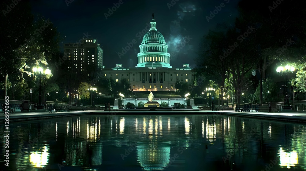 Obraz premium Night View of Illuminated City Building with Water Reflection