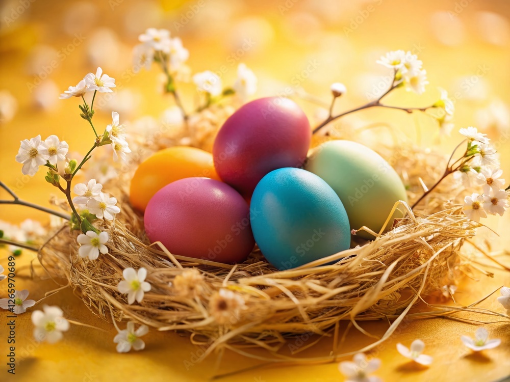 Minimalist Easter Eggs in Hay Nest with Spring Flowers on Yellow Background Minimalist Easter Eggs in Hay Nest with Spring Flowers on Yellow Background