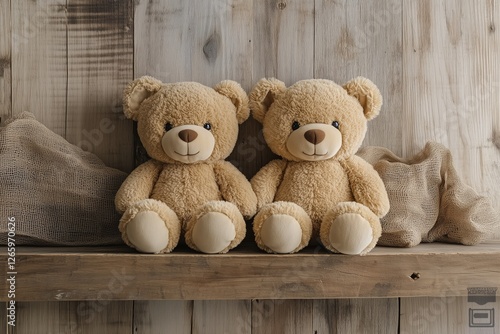 Two plush bears sitting on a rustic wooden shelf with burlap decorations in a...