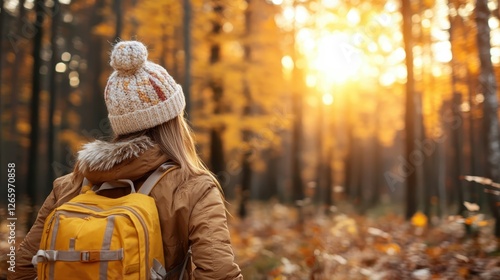 A woman with a backpack enjoys a serene autumn sunset in a forest, highlighting the beauty of nature and the tranquility it brings to the soul during outdoor adventures.