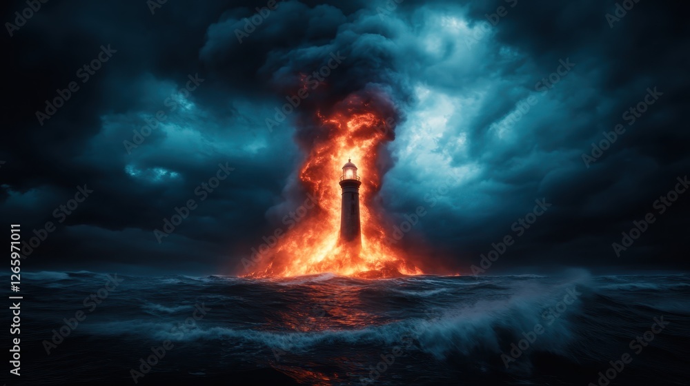 An intense scene of a lighthouse ignited in flames, surrounded by violent ocean waves, beautifully illustrating the struggle between man-made structures and nature's fury. An intense scene of a lighthouse ignited in flames, surrounded by violent ocean waves, beautifully illustrating the struggle between man-made structures and nature's fury.