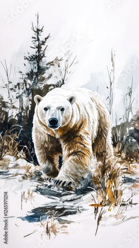 Polar bear walking through snowy landscape with trees in the background durin...
