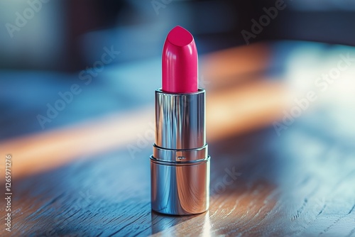 Bright pink lipstick placed on a wooden surface with soft light highlighting ...