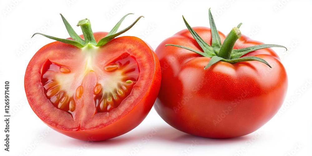 Bright red tomatoes are displayed together, one whole and one cut in half, showcasing its vibrant color and juicy texture, ideal for various culinary uses Bright red tomatoes are displayed together, one whole and one cut in half, showcasing its vibrant color and juicy texture, ideal for various culinary uses