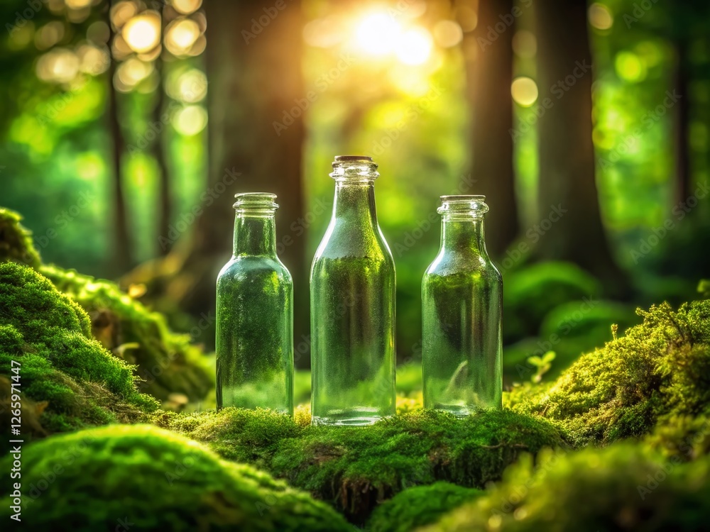 Minimalist Forest Scene: Three Glass Bottles on Mossy Ground Minimalist Forest Scene: Three Glass Bottles on Mossy Ground
