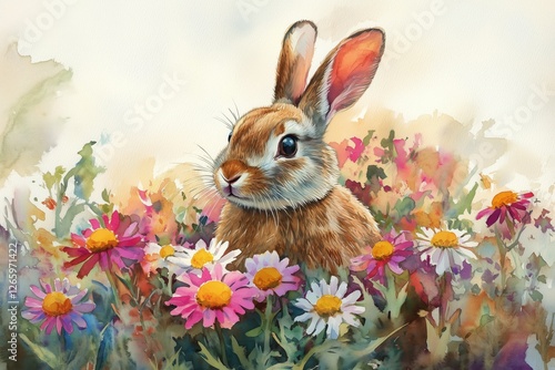 Rabbit surrounded by colorful flowers in a vibrant garden during springtime
