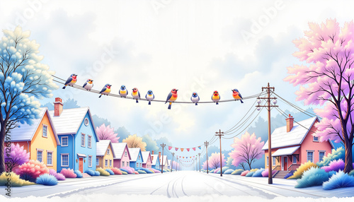 Charming birds perched on power lines in a snowy village, winter tranquility