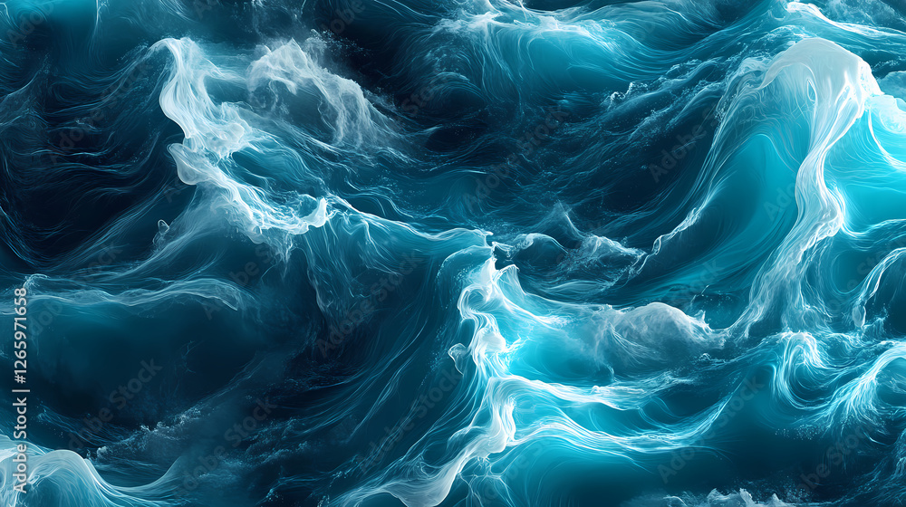 Obraz premium A seamless d wave motion of liquid texture, featuring deep ocean blue and turquoise gradients. Holographic Ocean Waves. Illustration