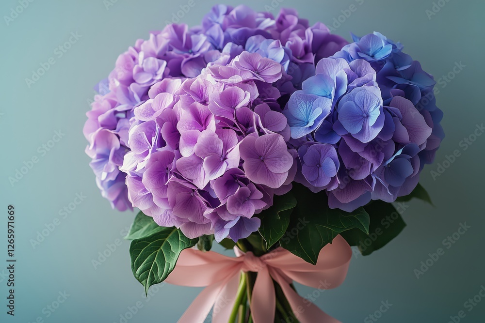 Obraz premium Beautiful bouquet of hydrangeas in shades of purple and blue with green leaves and a pink ribbon