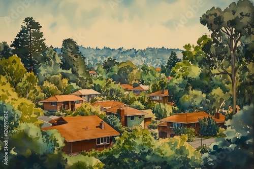 Serene neighborhood landscape with lush greenery and cozy homes in daylight