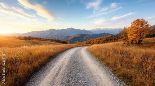 A picturesque gravel road winds through a stunning landscape of hills and trees, capturing the serenity and natural beauty of rural life under a clear blue sky.