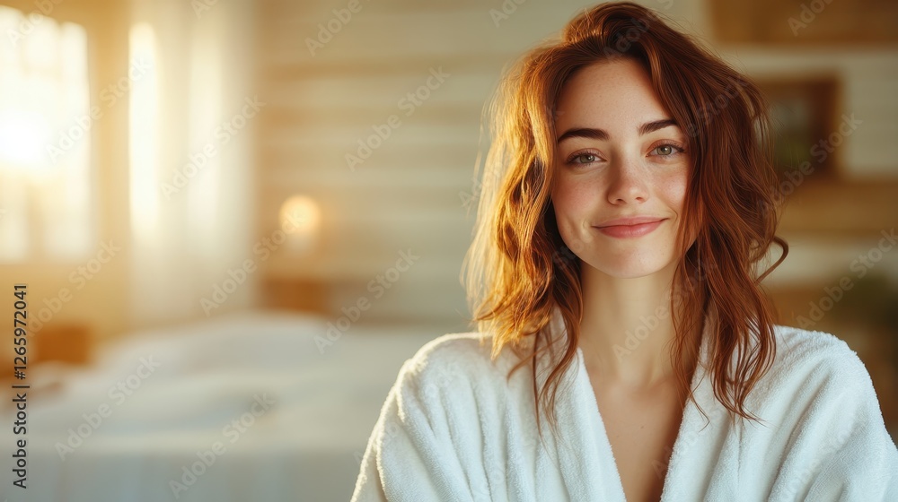 This artistic image captures a young woman smiling warmly, dressed in a cozy robe, set against a softly illuminated background full of tranquility and comfort and welcoming ambiance. This artistic image captures a young woman smiling warmly, dressed in a cozy robe, set against a softly illuminated background full of tranquility and comfort and welcoming ambiance.