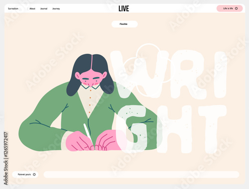 Writing people, modern flat vector concept illustration- sitting woman thoughtfully writing on paper, bubble near head Metaphor for reflection, personal insight, contemplation, creative expression