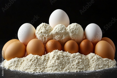 Combination of eggs and flour arranged in a creative presentation on a dark s...