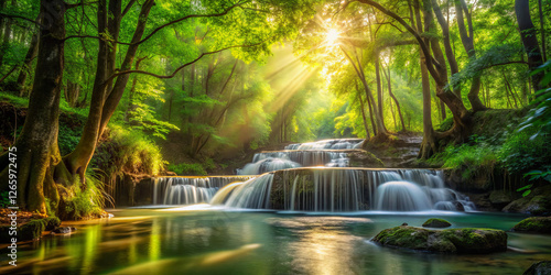 A serene waterfall flows gently over rocks, surrounded by vibrant green trees. Sunlight beams create a magical atmosphere over the peaceful scene