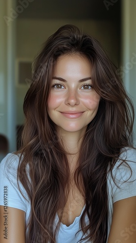 Young woman with long brown hair smiling warmly indoors during daylight