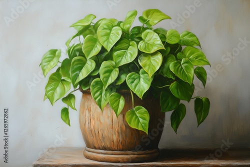 Lush green pothos plant in a rustic wooden pot on a simple surface