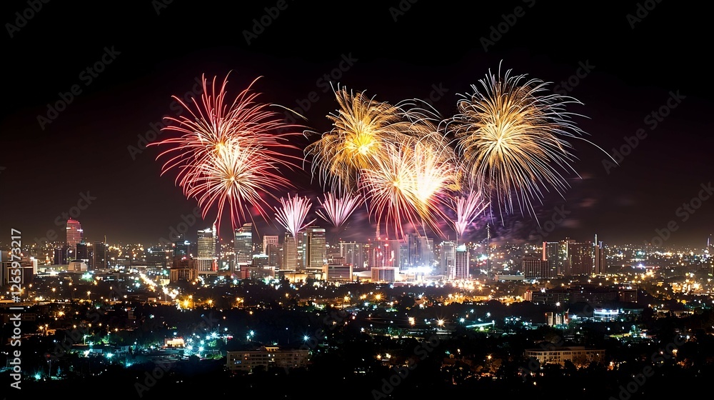 Vibrant Fireworks Display Over Illuminated City at Night Vibrant Fireworks Display Over Illuminated City at Night