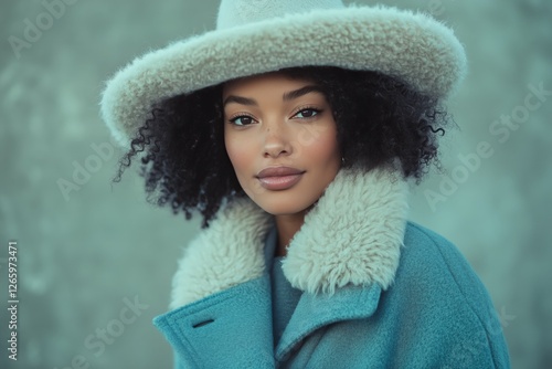 Elegant woman with curly hair wearing a stylish hat and coat poses outdoors d...