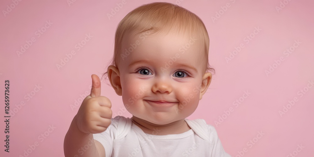 Cute baby giving thumbs up with a joyful expression and pink background Cute baby giving thumbs up with a joyful expression and pink background