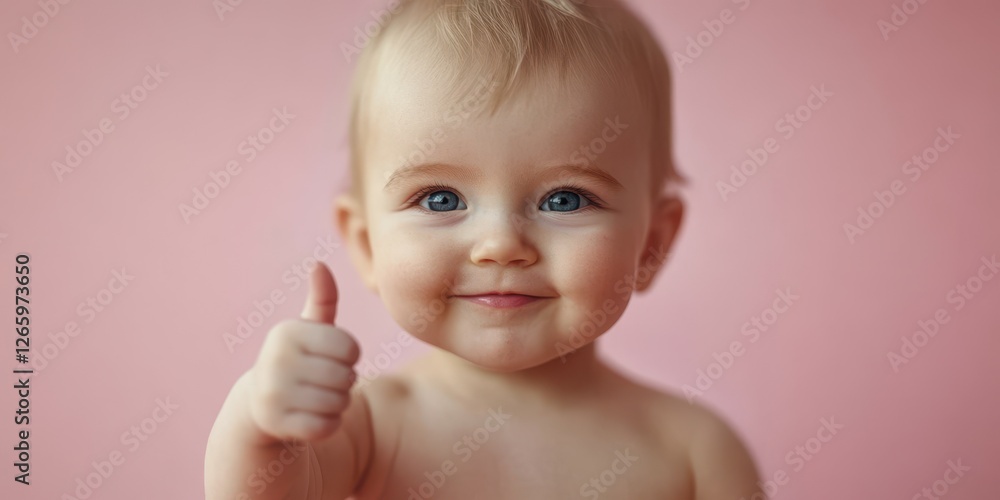 Happy baby giving thumbs up against a soft pink background in a cheerful moment of joy and playfulness Happy baby giving thumbs up against a soft pink background in a cheerful moment of joy and playfulness