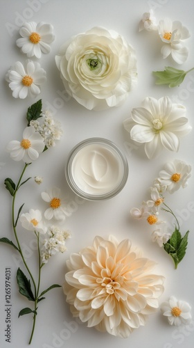 Arrangement of white and cream flowers surrounding a small jar of cream on a ...