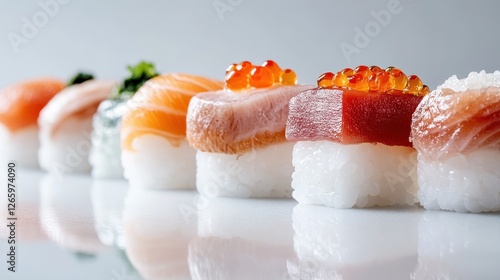 An exquisite variety of sushi rolls arranged pleasingly against a neutral background, emphasizing the artistry and cultural essence of Japanese culinary traditions. photo