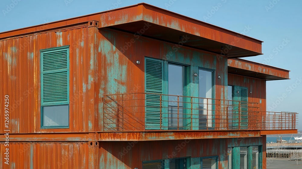 Rusted cargo container house with turquoise trim. Modern building concept Rusted cargo container house with turquoise trim. Modern building concept