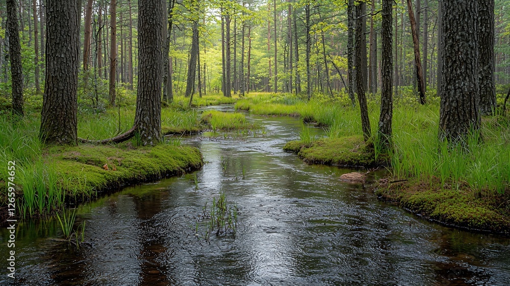 Tranquil forest stream flows through mossy banks Tranquil forest stream flows through mossy banks