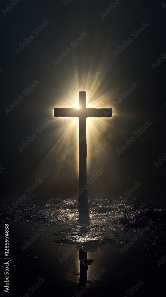 Naklejka premium Cross shining with light from above, illuminating the darkness below. The background is dark and gloomy.