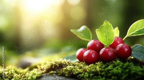 A visually stunning arrangement of vibrant red berries resting on lush green moss, capturing the beauty of nature in a serene forest setting during golden hour.