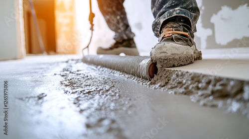 A professional uses a needle roller to level freshly poured screed concrete with self-leveling cement mortar, showcasing a key step in home renovation photo