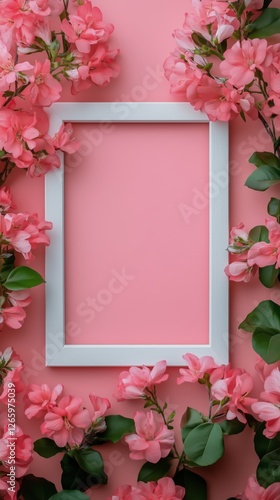 Beautiful floral frame arrangement on pink backdrop with blooming flowers and...