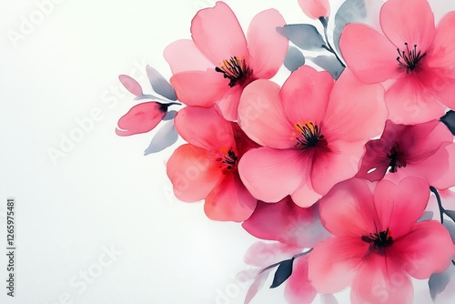 Beautiful pink flowers in watercolor style with delicate leaves on a white ba...