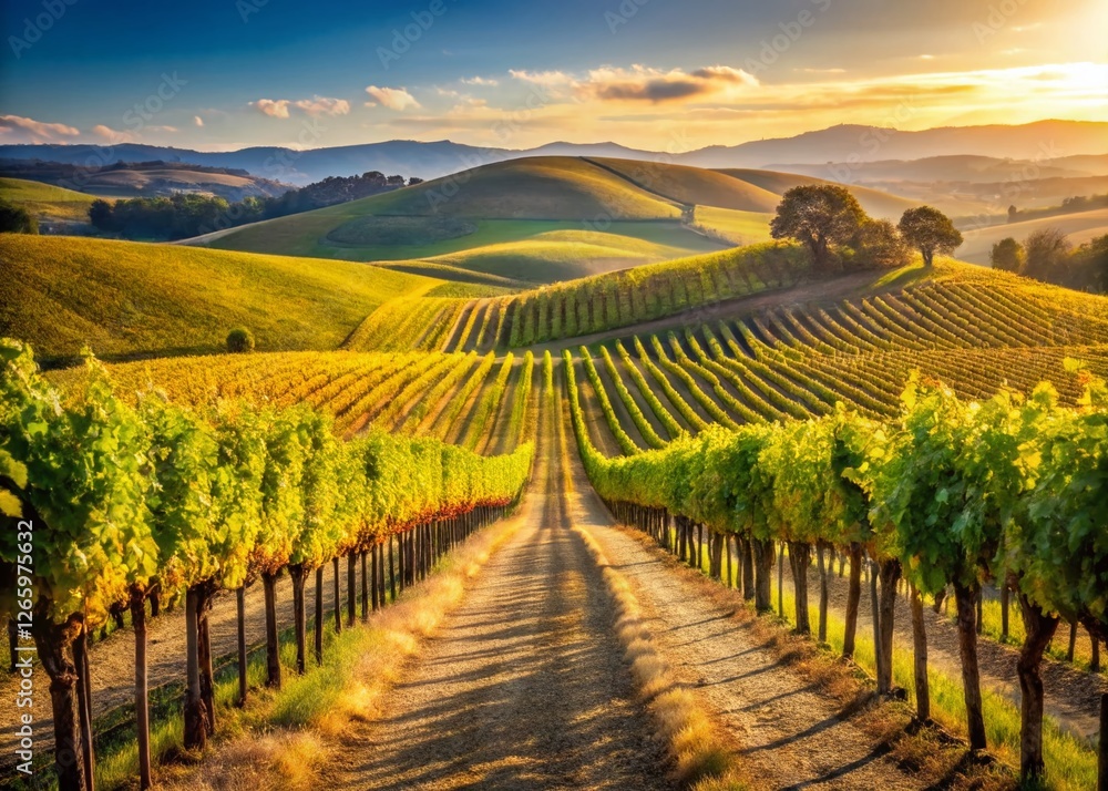 Fototapeta premium Minimalist Parreiral Vineyard Landscape: Sunlit Vines & Rolling Hills