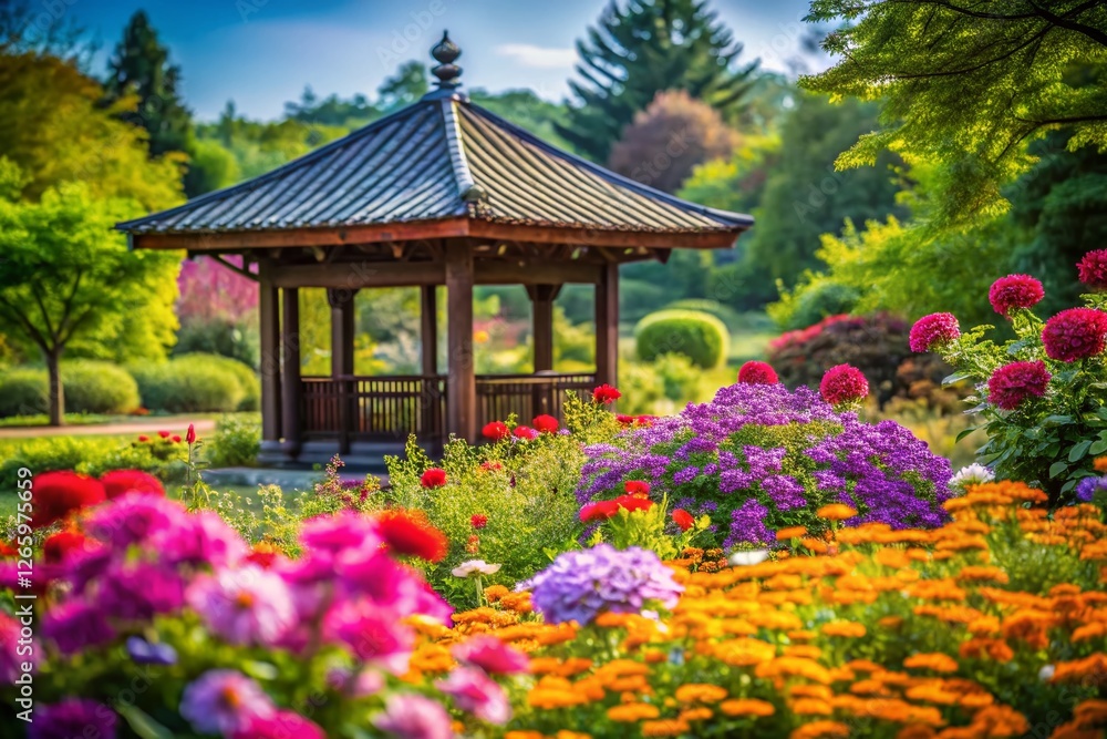 Minimalist Pavilion in Vibrant Flower Garden - Stock Photo Minimalist Pavilion in Vibrant Flower Garden - Stock Photo