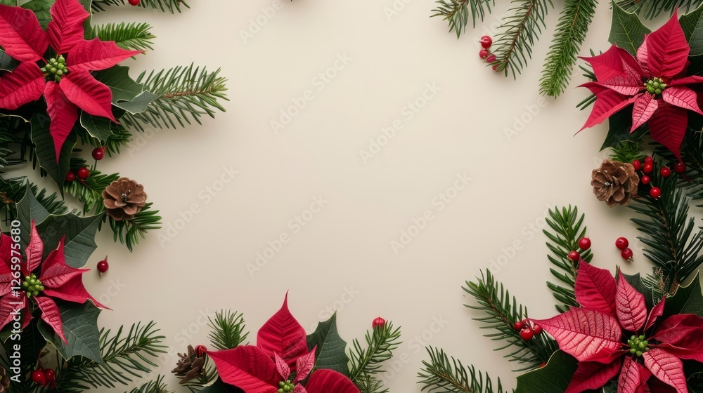 Red poinsettias, pine branches, holly, and pinecones form a festive border on a beige background. Christmas holiday decoration concept Red poinsettias, pine branches, holly, and pinecones form a festive border on a beige background. Christmas holiday decoration concept