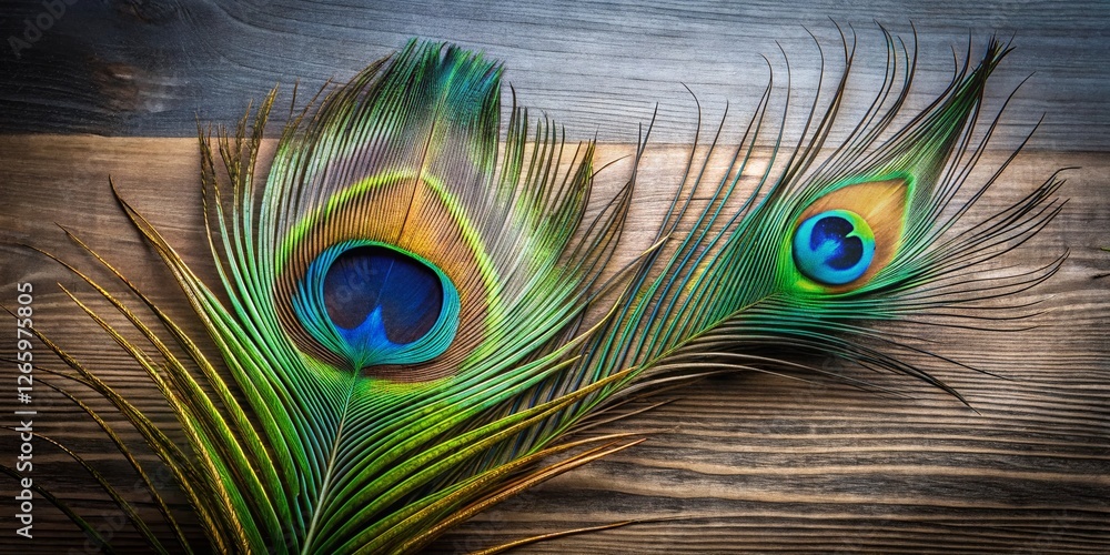 Fototapeta premium Minimalist Peacock Feather Wall Art & Wooden Background Stock Photo
