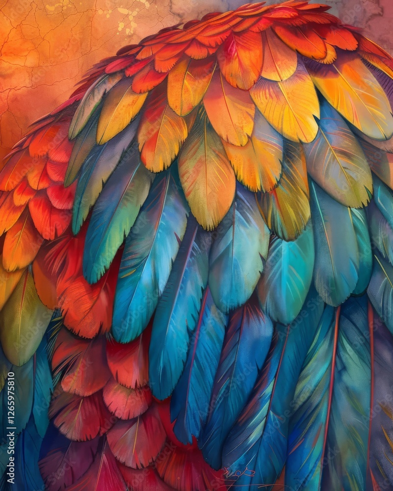 Majestic Beauty of a Parrot's Colorful Wing in Close-up View, Feathers Detail, Exotic Bird Plumage, Tropical Avian Photography Majestic Beauty of a Parrot's Colorful Wing in Close-up View, Feathers Detail, Exotic Bird Plumage, Tropical Avian Photography