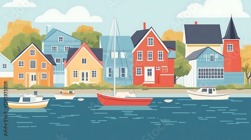 Colorful waterfront houses and boats line a tranquil harbor