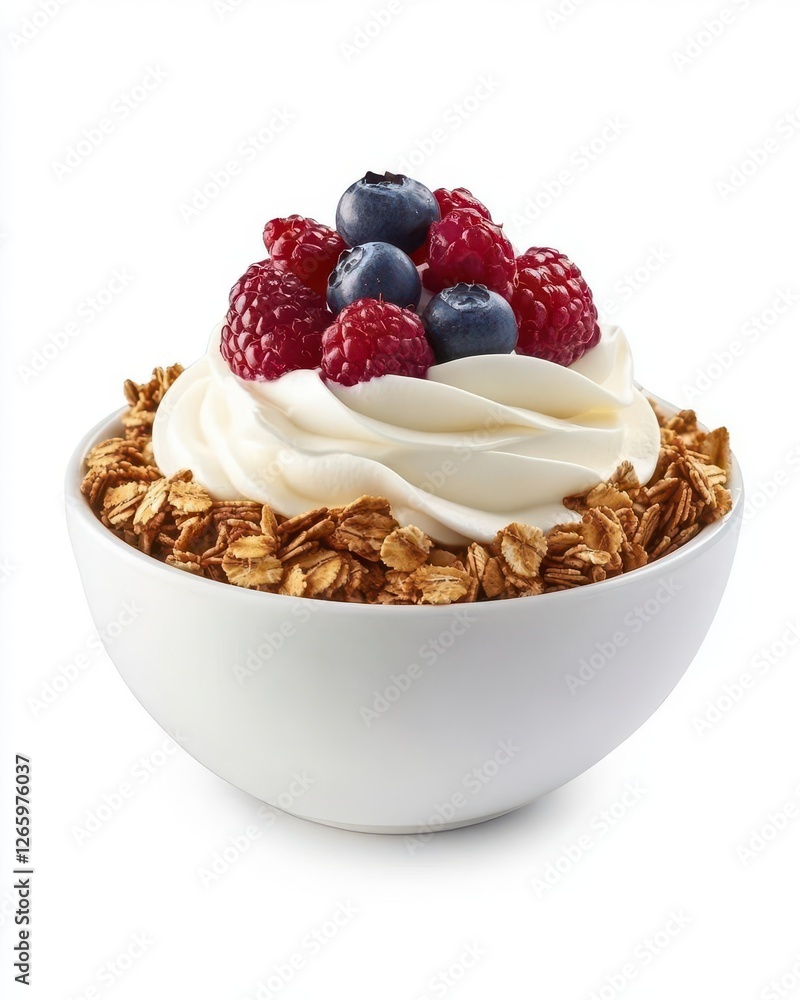 Delicious Bowl of Granola Topped with Yogurt and Fresh Berries Isolated on White Background, Perfect for Healthy Lifestyle Content Creators Delicious Bowl of Granola Topped with Yogurt and Fresh Berries Isolated on White Background, Perfect for Healthy Lifestyle Content Creators