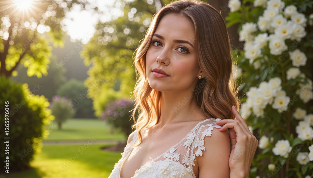 Elegant bride in luxurious gown posing in sunlit garden, love and beauty Elegant bride in luxurious gown posing in sunlit garden, love and beauty