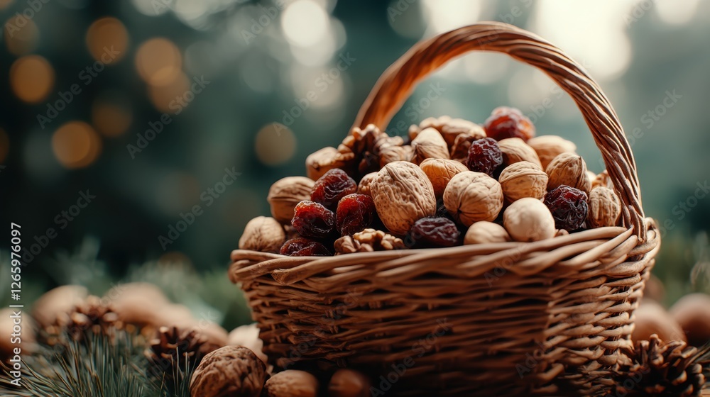 A beautifully arranged basket overflowing with a variety of nuts and dried fruits, capturing the essence of a delightful and wholesome snack perfect for any occasion. A beautifully arranged basket overflowing with a variety of nuts and dried fruits, capturing the essence of a delightful and wholesome snack perfect for any occasion.