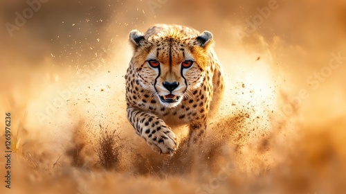 An intense moment captured of a cheetah sprinting through a cloud of golden dust, perfectly illustrating its speed and focus on the pursuit in the wild. photo