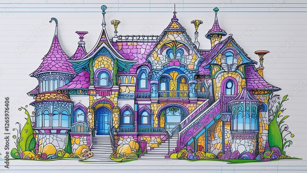Naklejka premium Doodle-Style Enchanted House with Playful Details